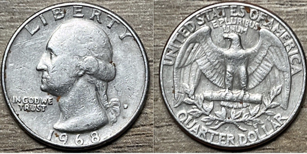 1968 quarter doubled die obverse error showing doubling on LIBERTY and IN GOD WE TRUST