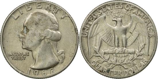 1968 quarter grading strip showing four condition grades from worn to gem uncirculated side by side